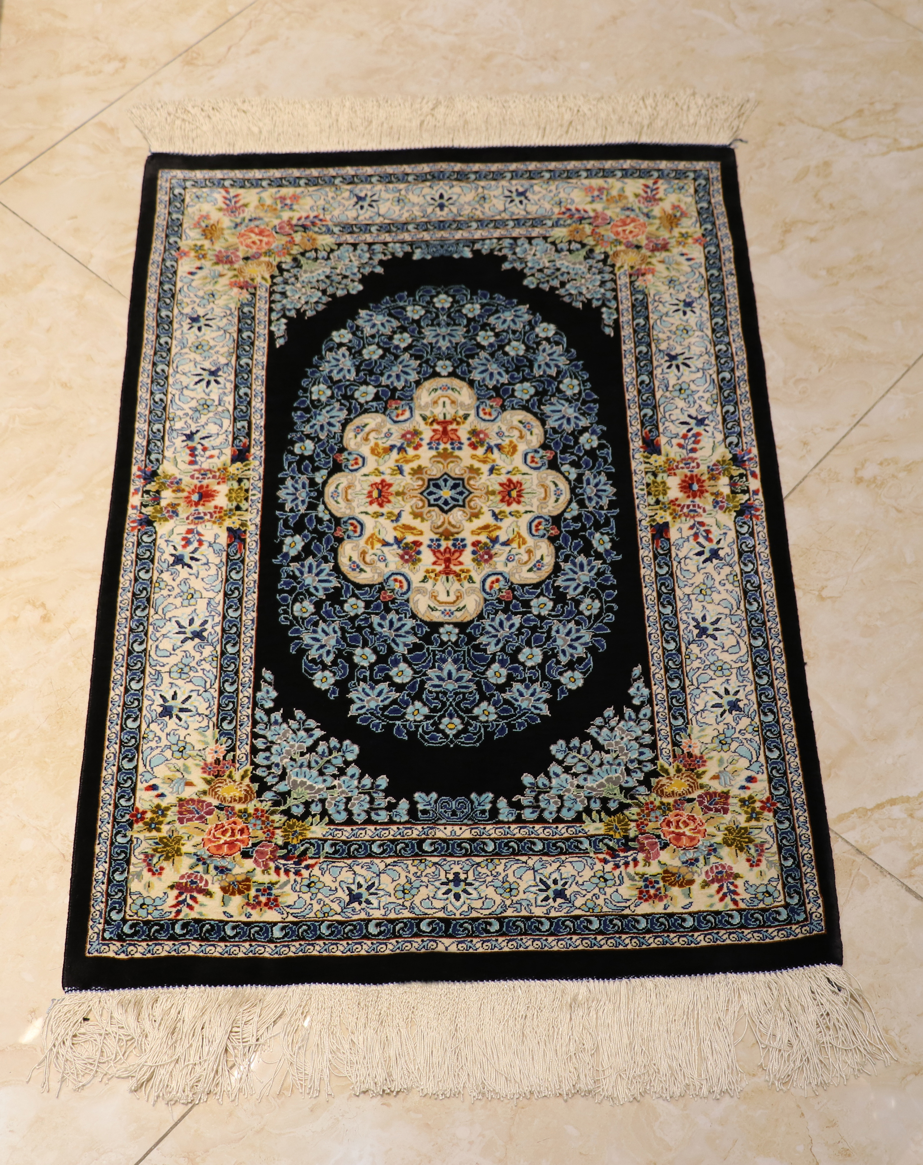Complete Silk Carpet, Lachak Toranj, 87 × 59, Navy blue, Qom, Iran